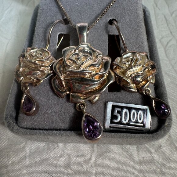Sterling Silver Rose Jewelry Set W/ Amethyst Teardrop Accents Necklace Earrings - Picture 2 of 5